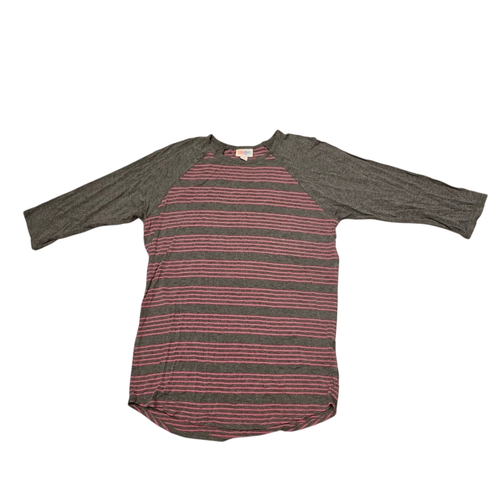 Lularoe Striped T Shirt Gray Pink Cropped Sleeves S